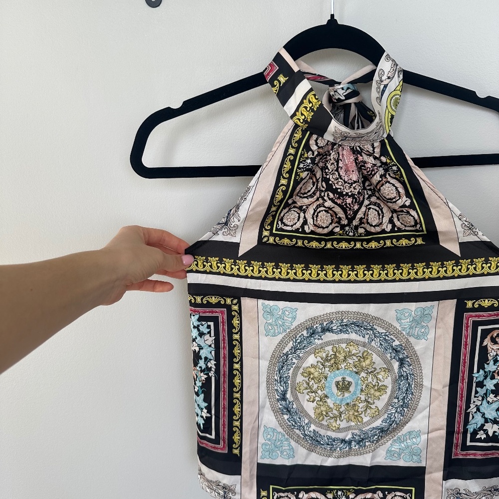 boohoo Scarf Print Open Back Blouse (XS)